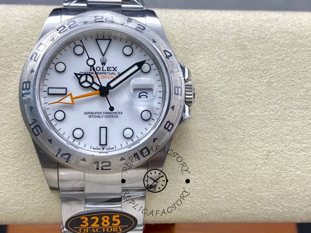 Dial close-up of the Rolex Explorer II m226570 0001, white dial markers and date at 3 o’clock.