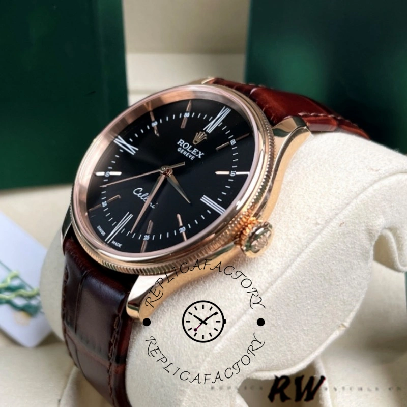 Rolex Cellini Time 50505 Brown Leather Strap Black Dial 39mm Mens Replica Watch