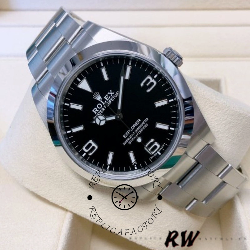 Rolex Explorer 214270 on cushion, black dial, stainless steel Oyster bracelet, front angle.