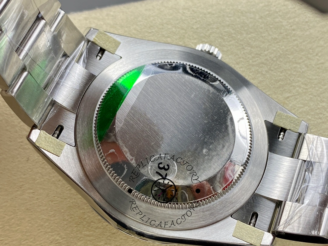 Rolex Explorer 124270 0001, caseback close-up showing protective sticker.