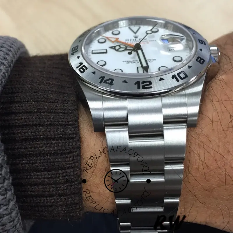 Wrist shot of the Rolex Explorer II m226570 0001, showing fit and bracelet drape.