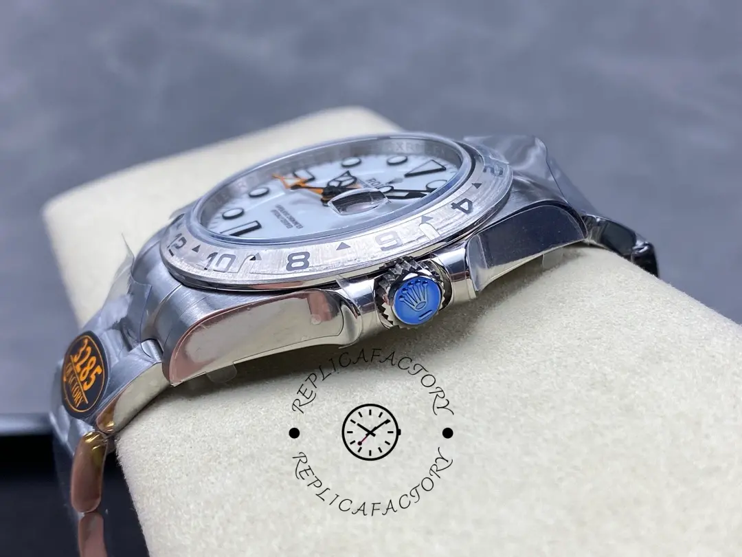 Side view of the Rolex Explorer II m226570 0001, focusing on crown side and case line.