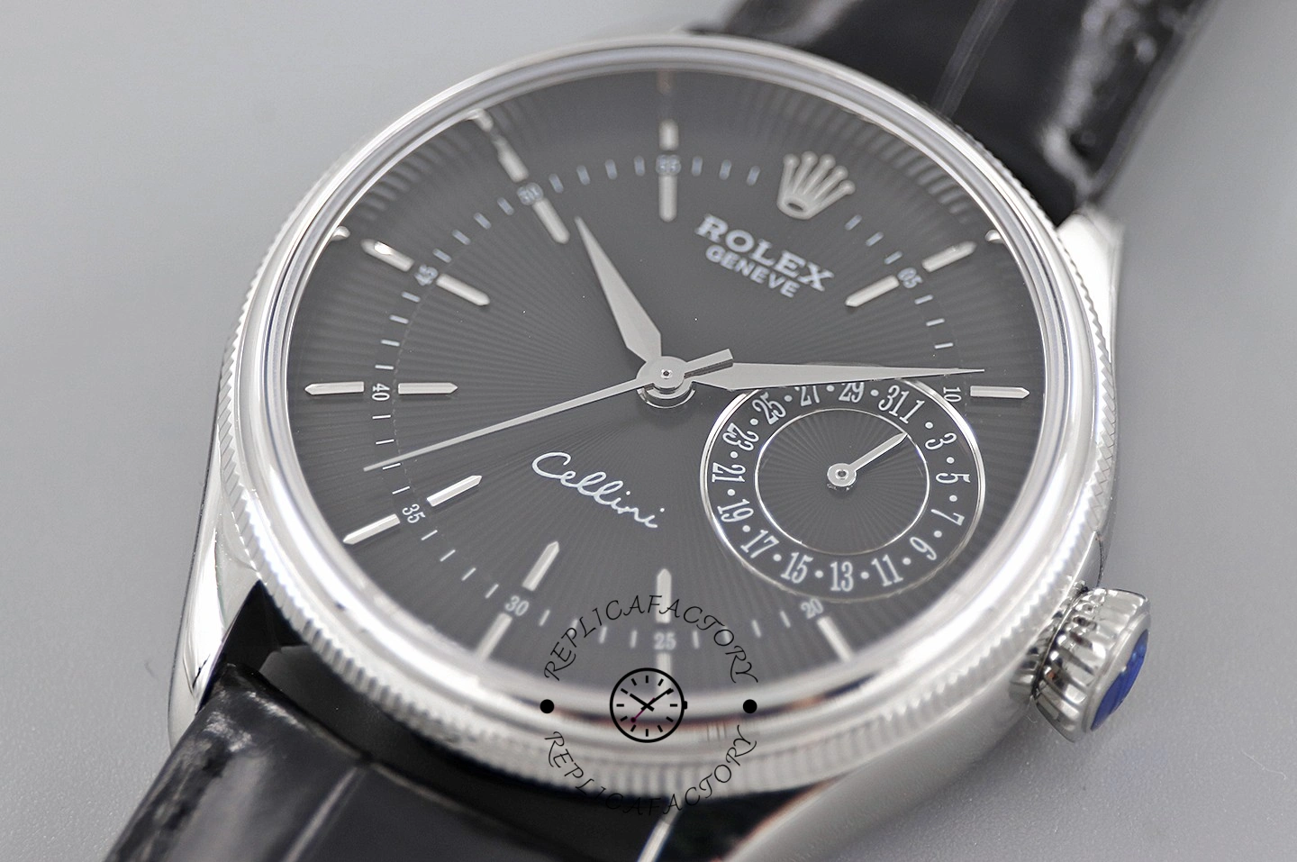 Rolex Cellini Date 50519 Black Leather Black Dial 39mm Mens Replica Watch