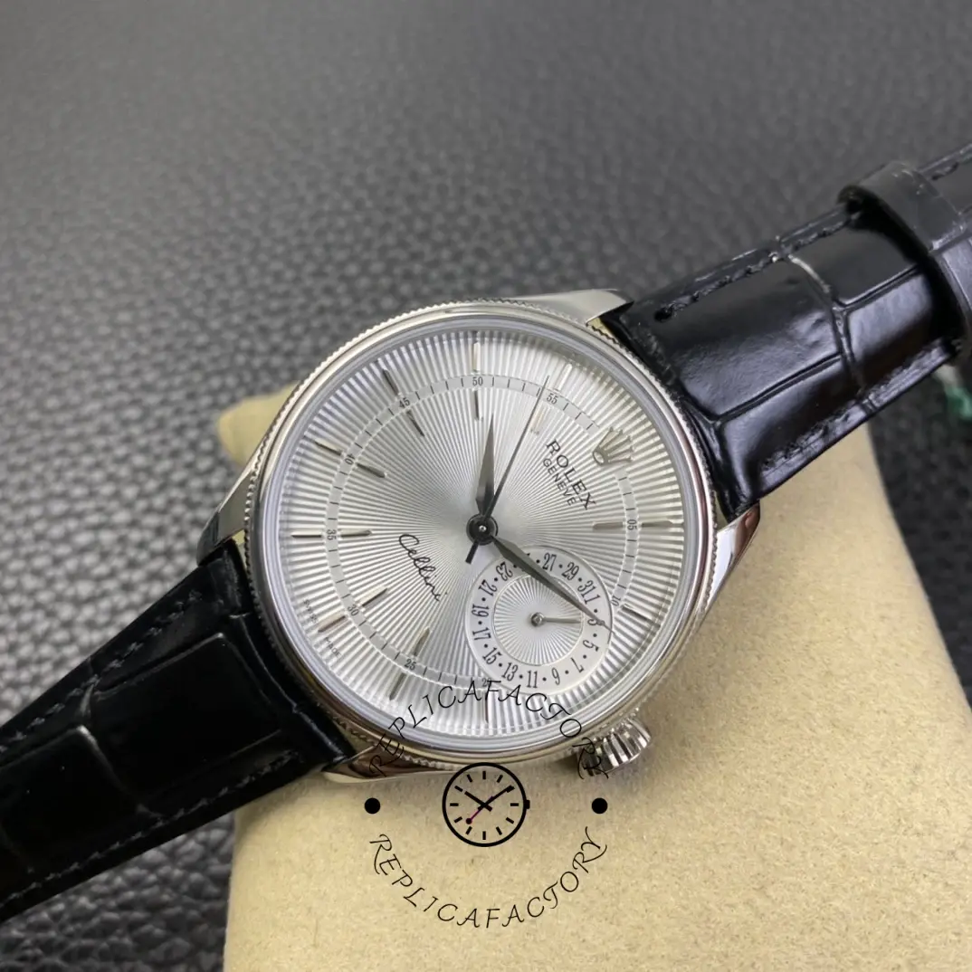 Rolex Cellini Date 50519 Black Leather Silver Dial 39mm Mens Replica Watch
