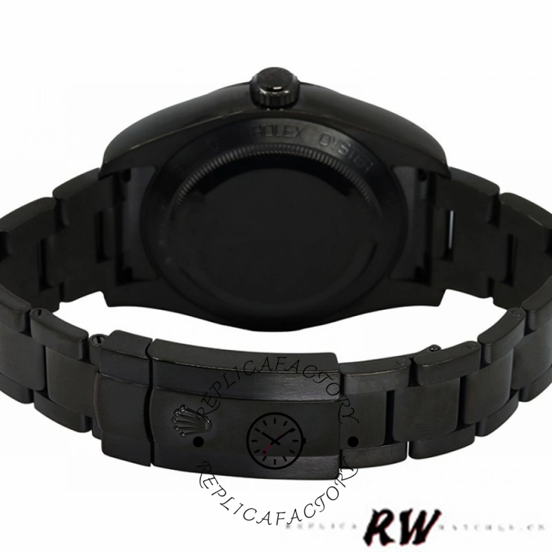 Caseback view of Rolex Milgauss 116400GV, showing solid back and PVD black finish.