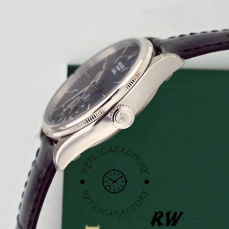 Rolex Cellini Dual Time 50529, side profile close-up showing polished case and crown.