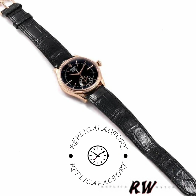 Rolex Cellini Dual Time 50525 Black Dial Black Leather Strap 39mm Mens Replica Watch