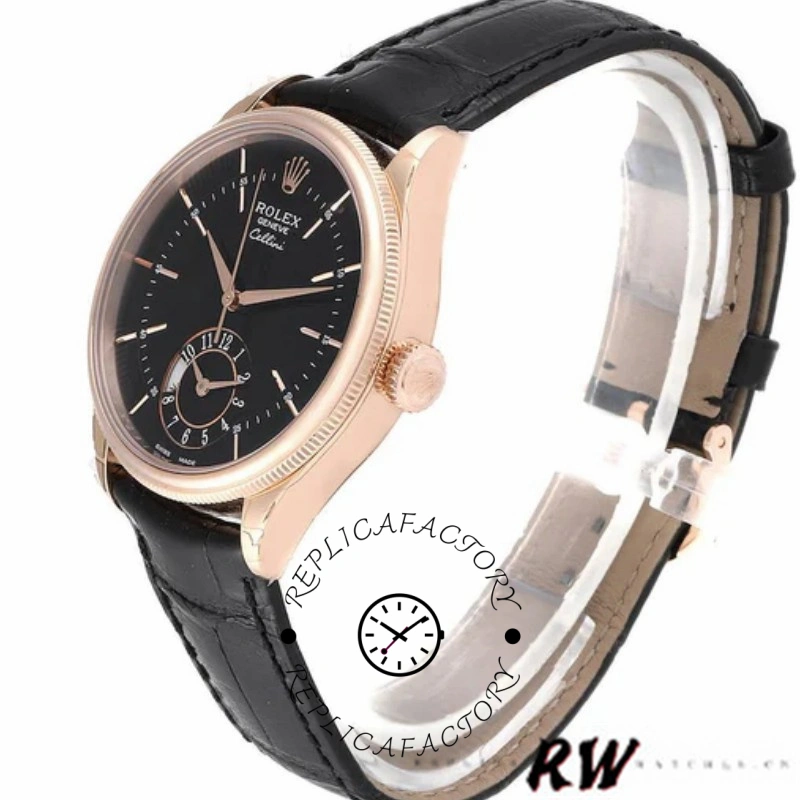 Rolex Cellini Dual Time 50525 Black Dial Black Leather Strap 39mm Mens Replica Watch