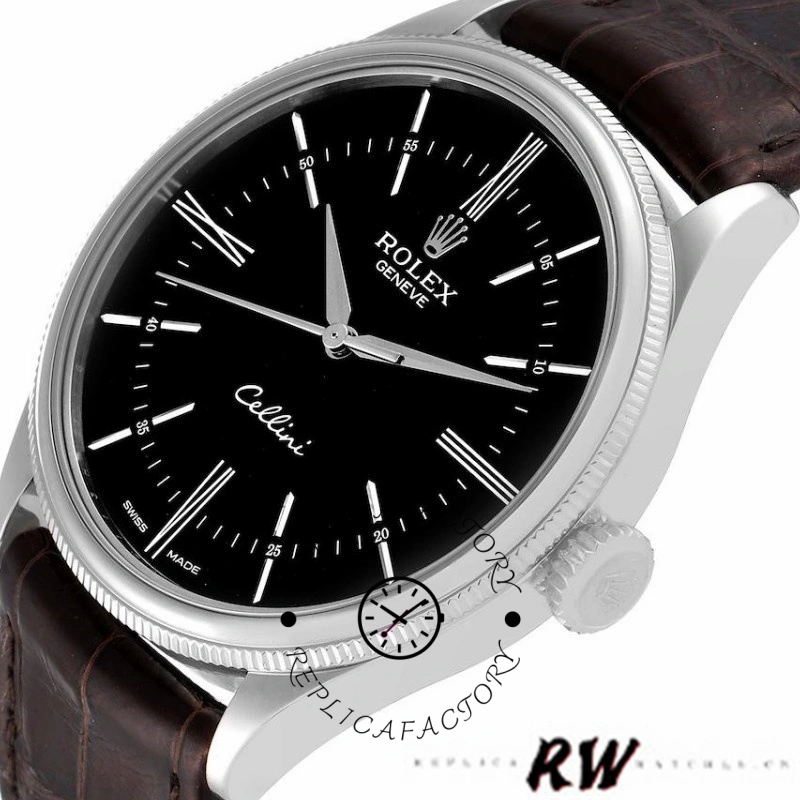 Rolex Cellini Time 50509 Brown Leather Strap Black Dial 39mm Mens Replica Watch
