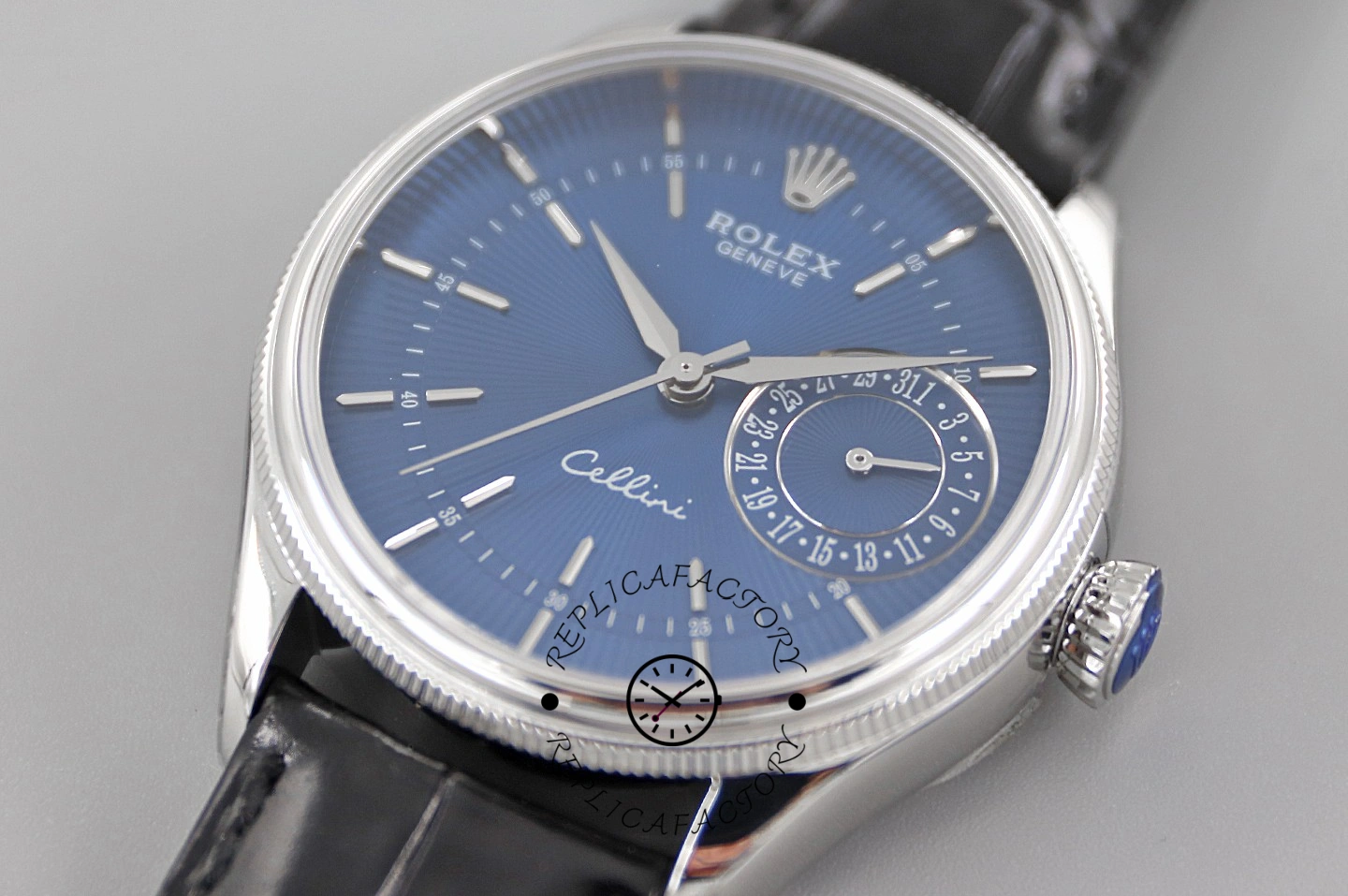 Rolex Cellini Date 50519 dial close-up, blue dial texture and markers, front angle.