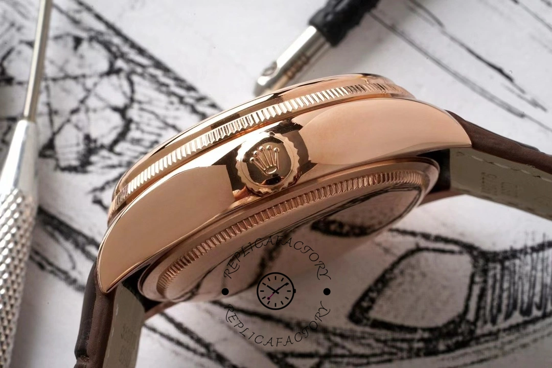 Rolex Cellini Dual Time 50525 Silver Dial Brown Leather Strap 39mm Mens Replica Watch