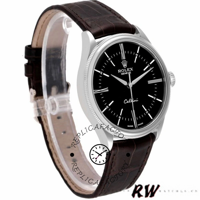 Rolex Cellini Time 50509, angled view showing case profile and brown leather strap.