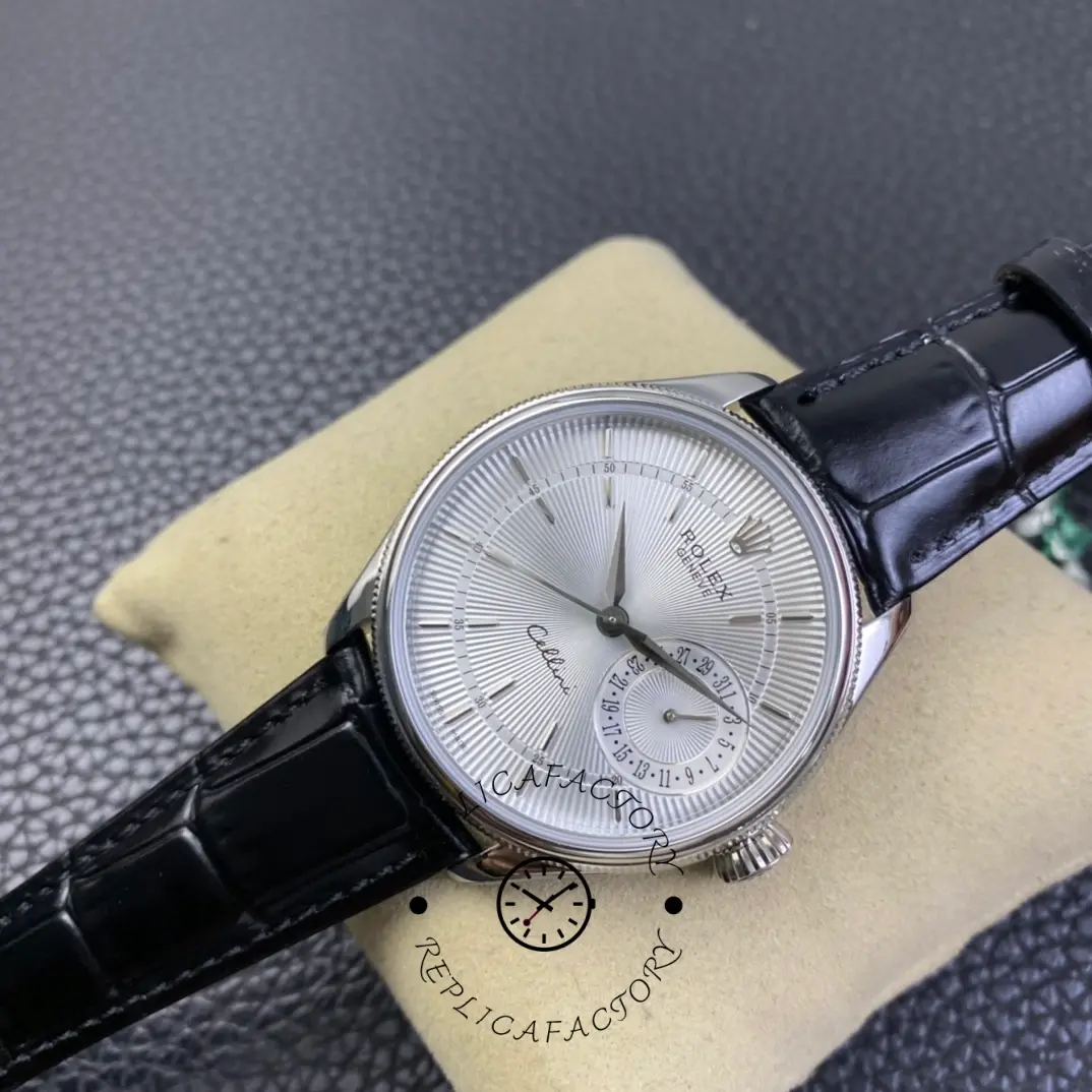 Rolex Cellini Date 50519 Black Leather Silver Dial 39mm Mens Replica Watch