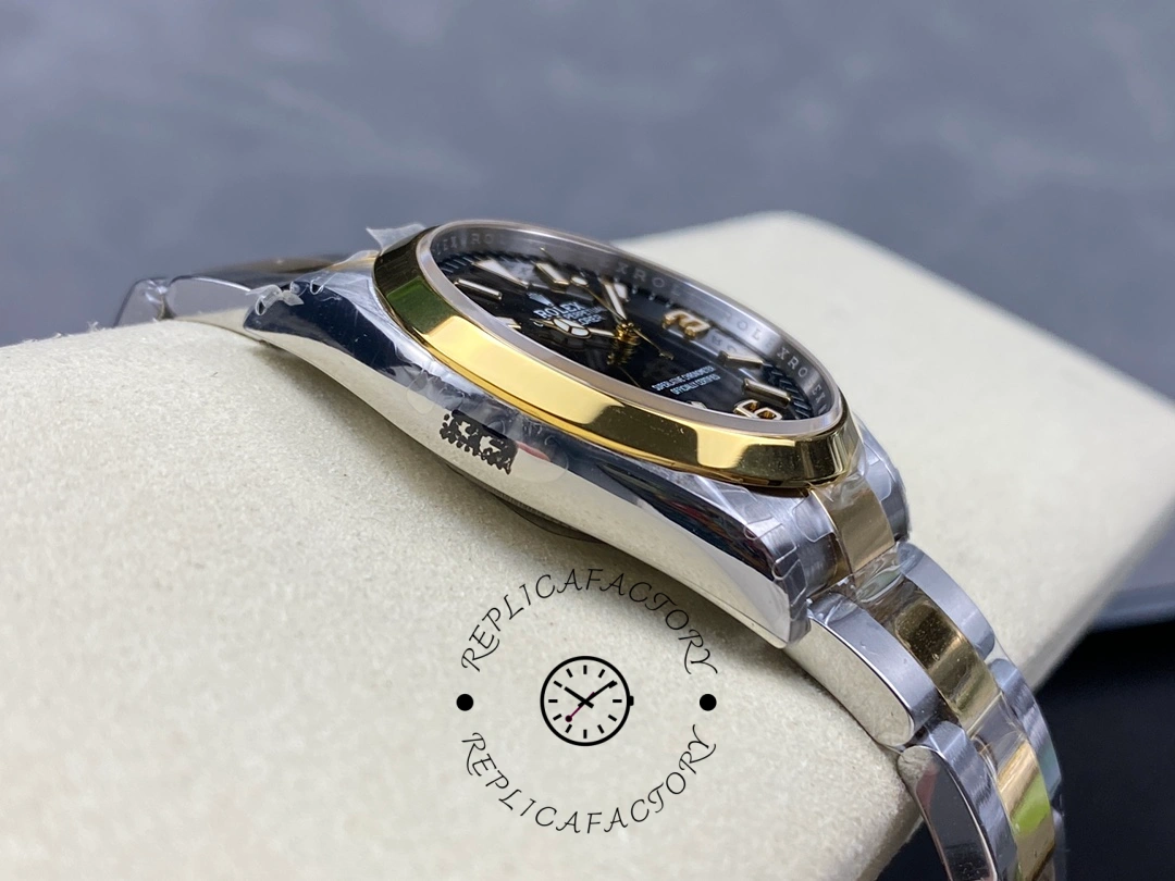 Side angle of Rolex Explorer M124273-0001, showing bezel edge and mid-case finish.