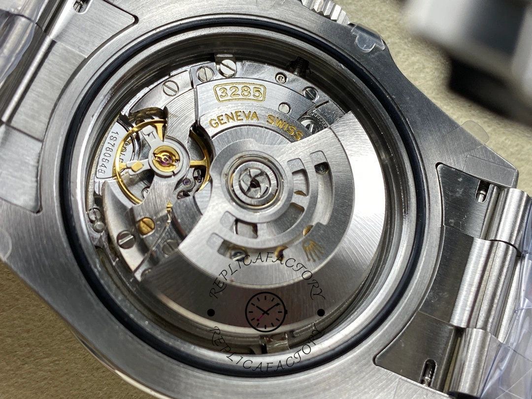 Rolex Explorer II m226570 0002 movement close-up, rotor detail inside open case back.