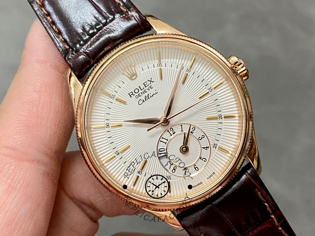 Rolex Cellini Dual Time 50525 Silver Dial Brown Leather Strap 39mm Mens Replica Watch