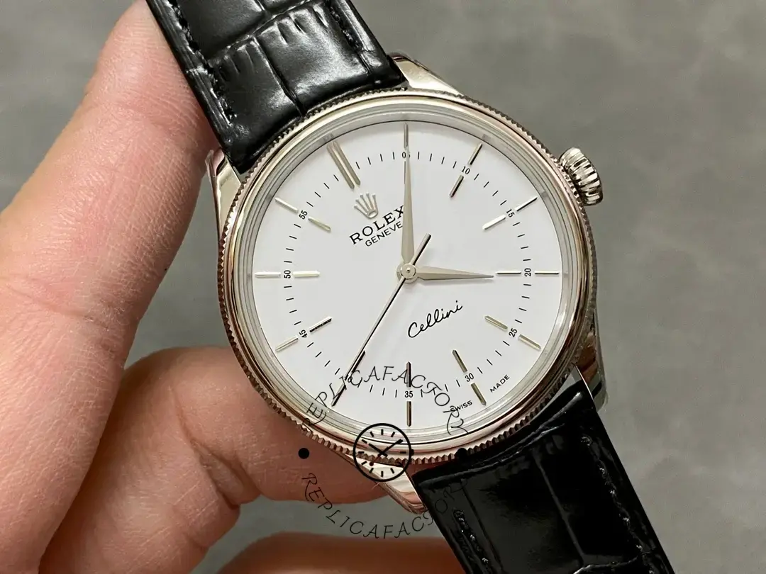 Rolex Cellini Time 50509 Black Leather Strap White Dial 39mm Mens Replica Watch