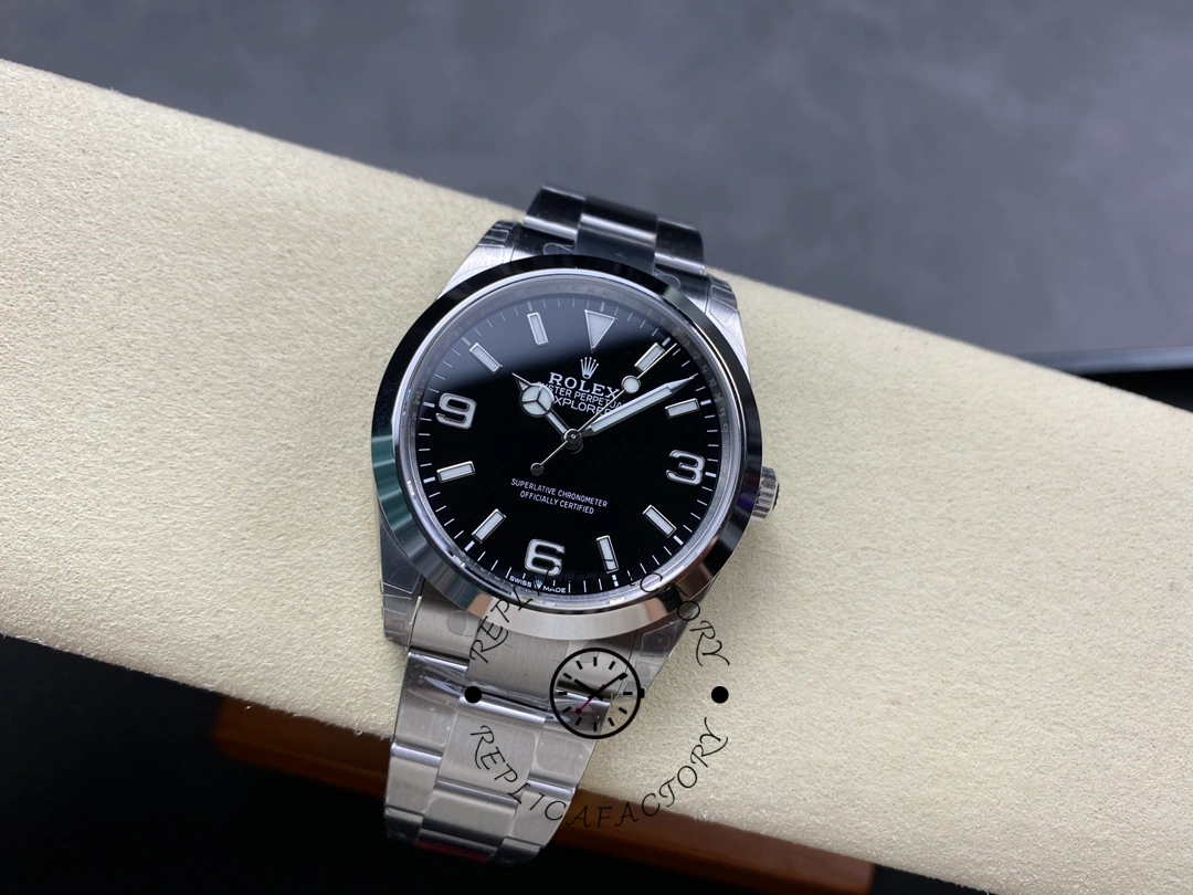 Rolex Explorer 124270 0001, full watch shown on display cushion, bracelet extended.