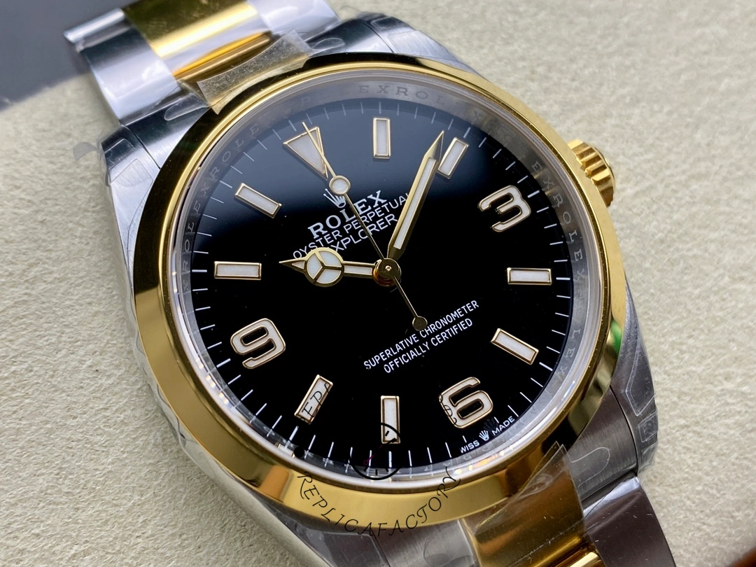 Angled close-up of Rolex Explorer M124273-0001, bezel and black dial details.