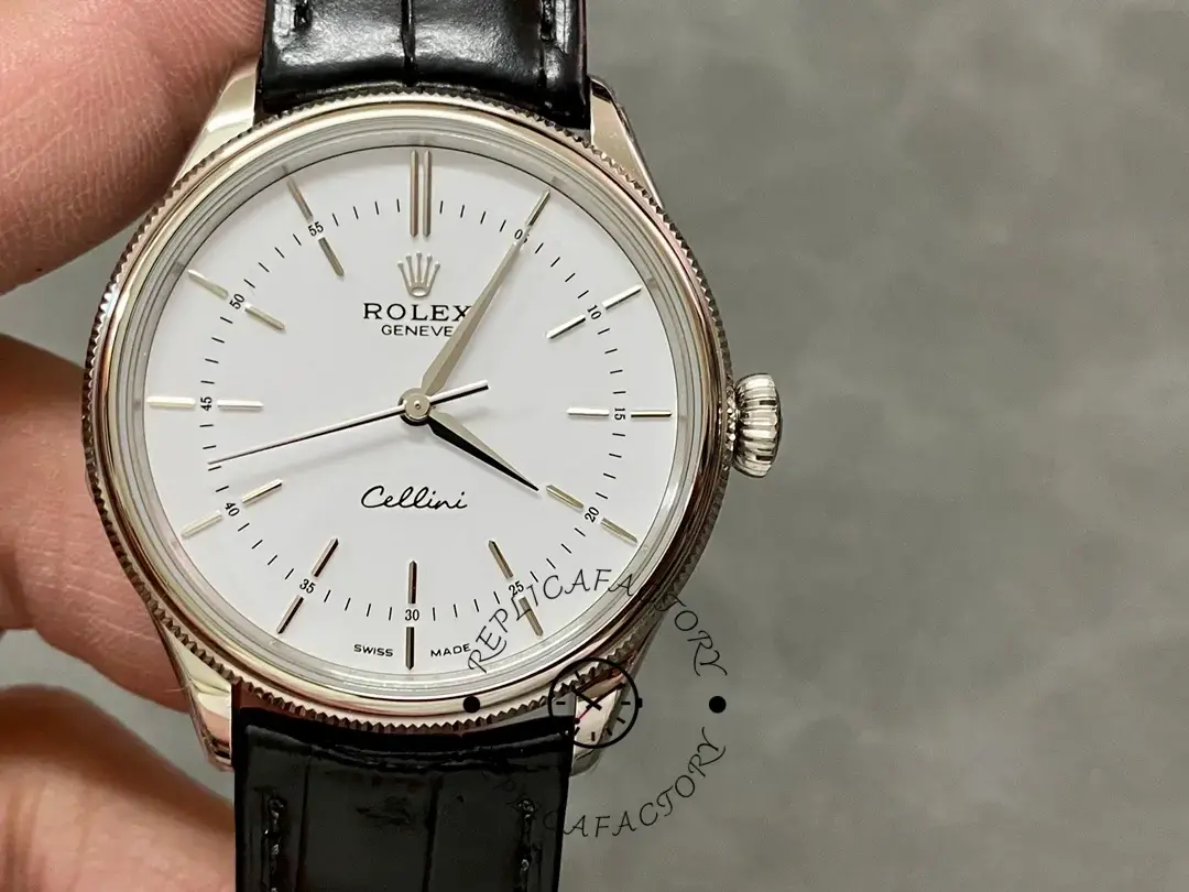 Rolex Cellini Time 50509 Black Leather Strap White Dial 39mm Mens Replica Watch