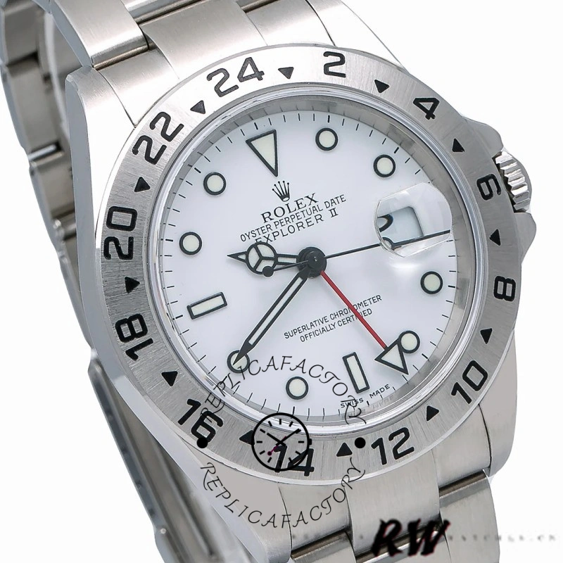 Angled view of the Rolex Explorer II 16570, highlighting the white dial and fixed 24-hour bezel.