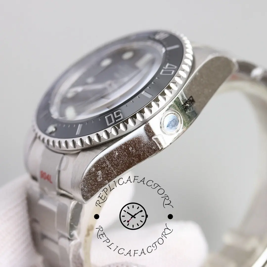 Rolex Deepsea 126660 side close-up, thick case profile and crystal, studio shot.