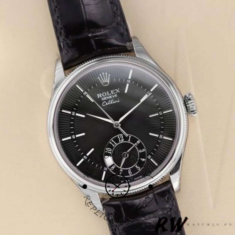 Rolex Cellini Dual Time 50529, angled front view on light background with black dial.