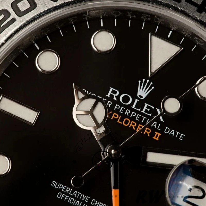 Rolex Explorer II m226570 0002 dial close-up, Rolex text and markers on black dial.
