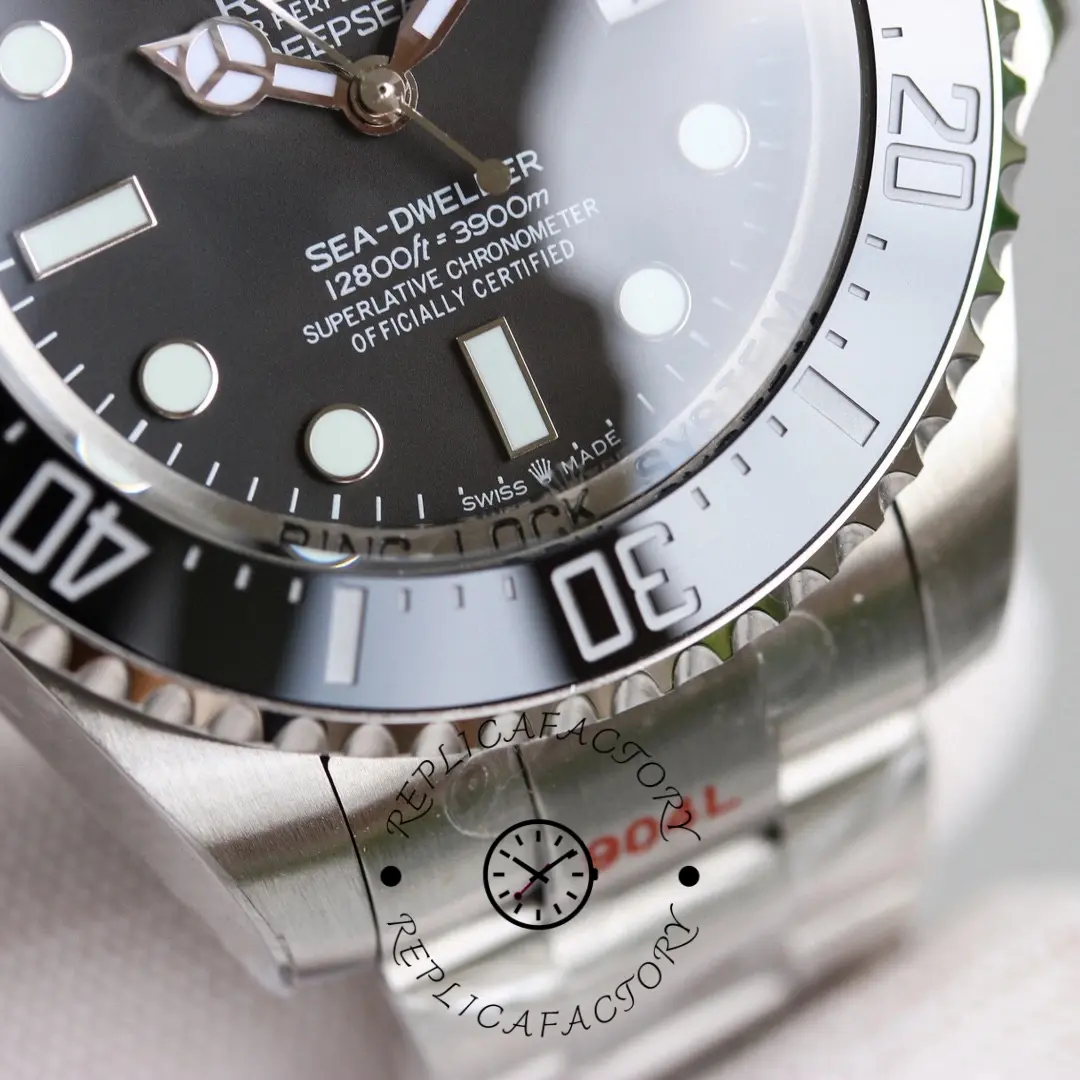 Rolex Deepsea 126660 bezel edge close-up, knurled bezel grip and case detail.