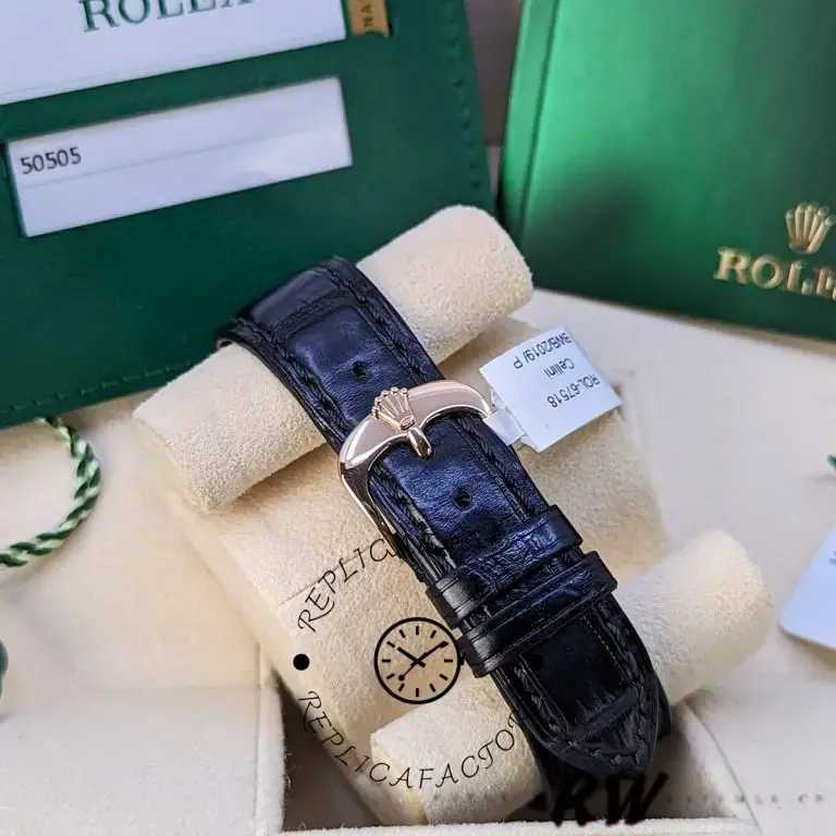 Rolex Cellini Time 50505 inside box, displayed with green Rolex packaging, black leather strap.