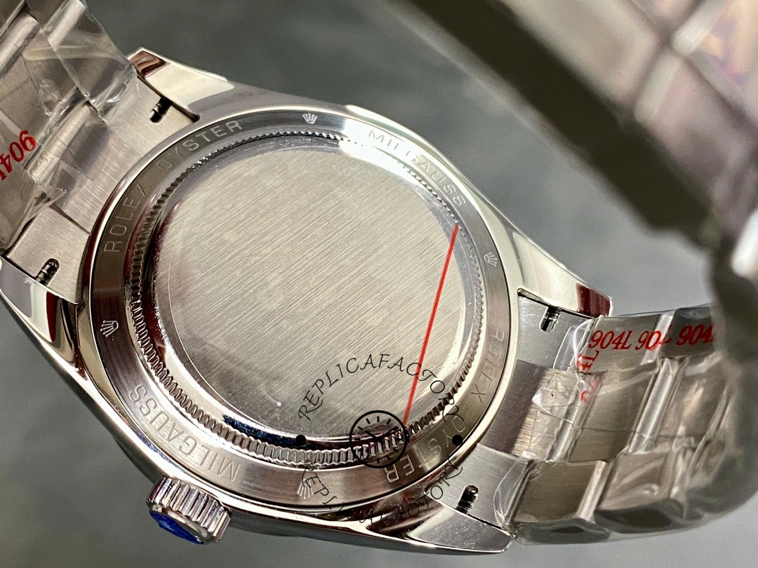 Rolex Milgauss 116400 LNT01HS-001, caseback close-up with brushed finish.