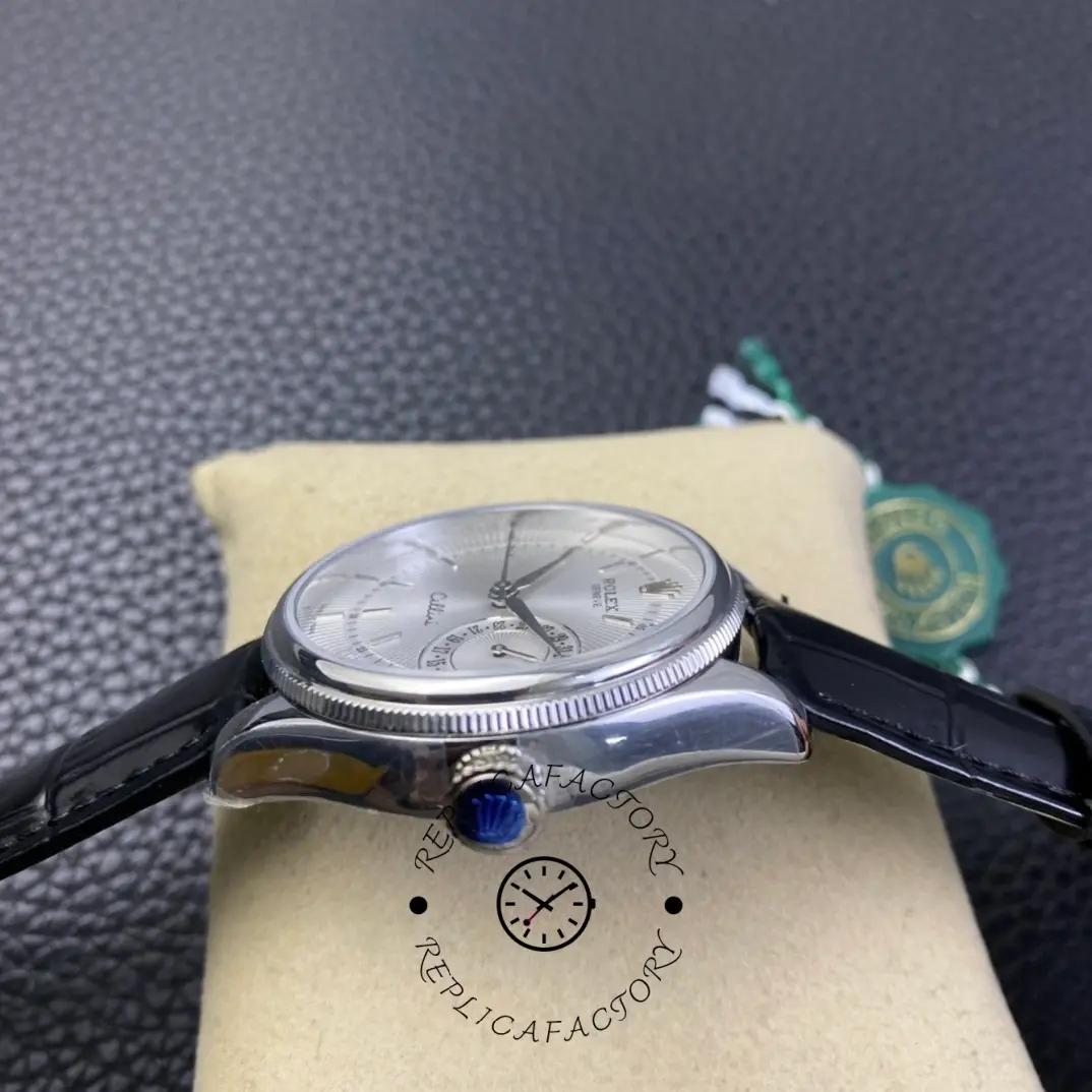 Rolex Cellini Date 50519 Black Leather Silver Dial 39mm Mens Replica Watch