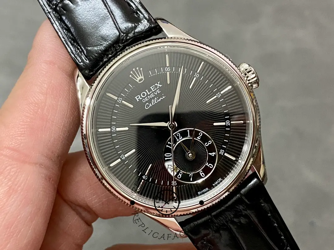 Rolex Cellini Dual Time 50529 Black Dial White Gold 39mm Mens Replica Watch