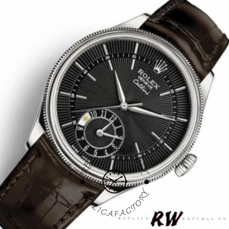 Rolex Cellini Dual Time 50529, product angled view showing black dial and brown leather strap.