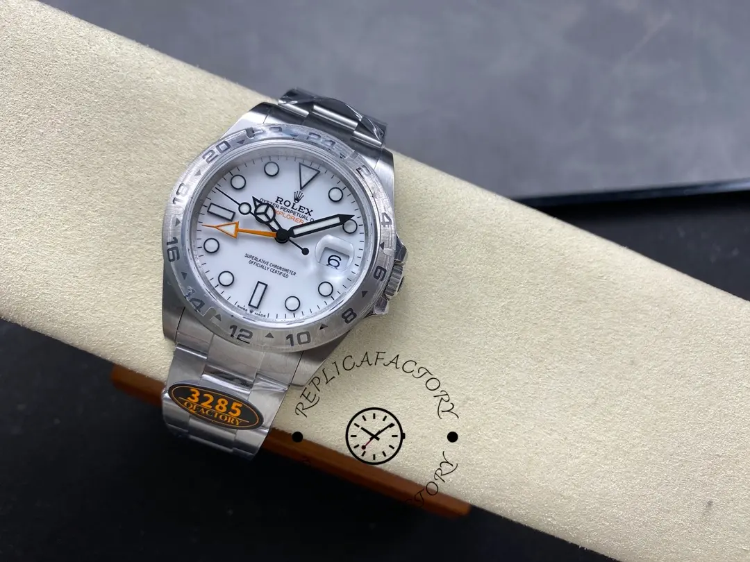 Full watch view of the Rolex Explorer II m226570 0001 on cushion, Oyster bracelet displayed.