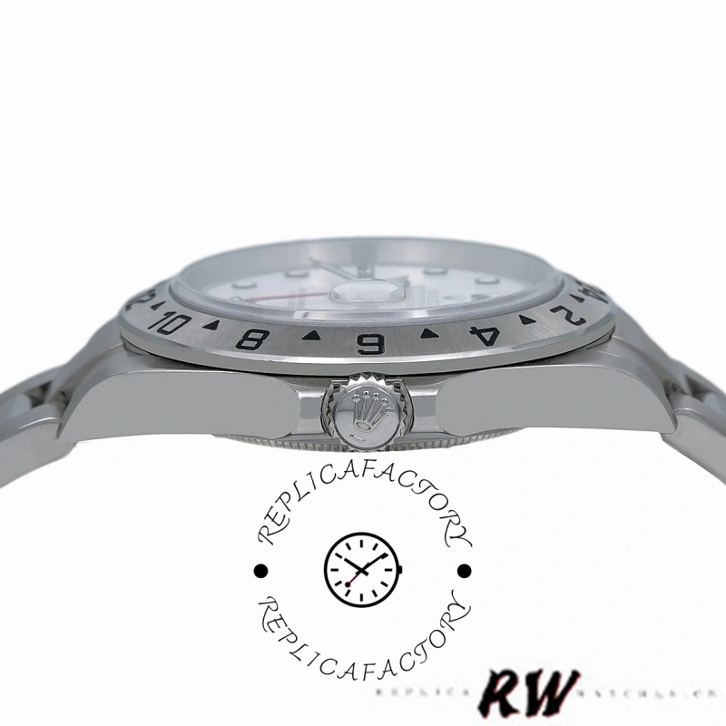 Side profile of the Rolex Explorer II 16570, showing crown and bezel edge.