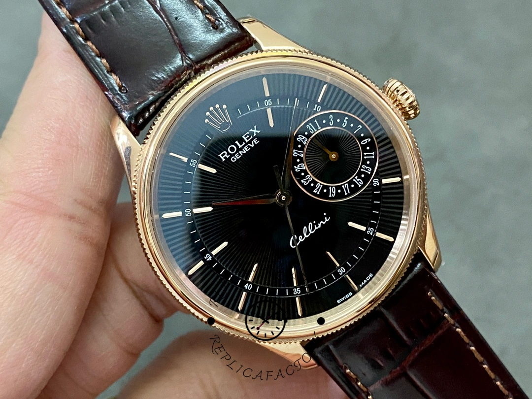 Rolex Cellini Date 50515 Brown Leather Black Index Dial 39mm Mens Replica Watch