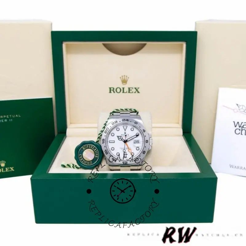 Box set display of the Rolex Explorer II m226570 0001, watch shown with presentation box.