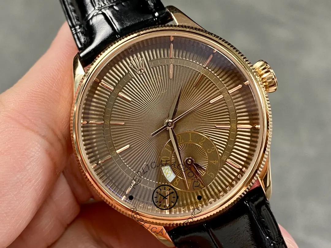 Rolex Cellini Dual Time 50525 close front view, brown guilloché dial, dual-time subdial, rose gold bezel.