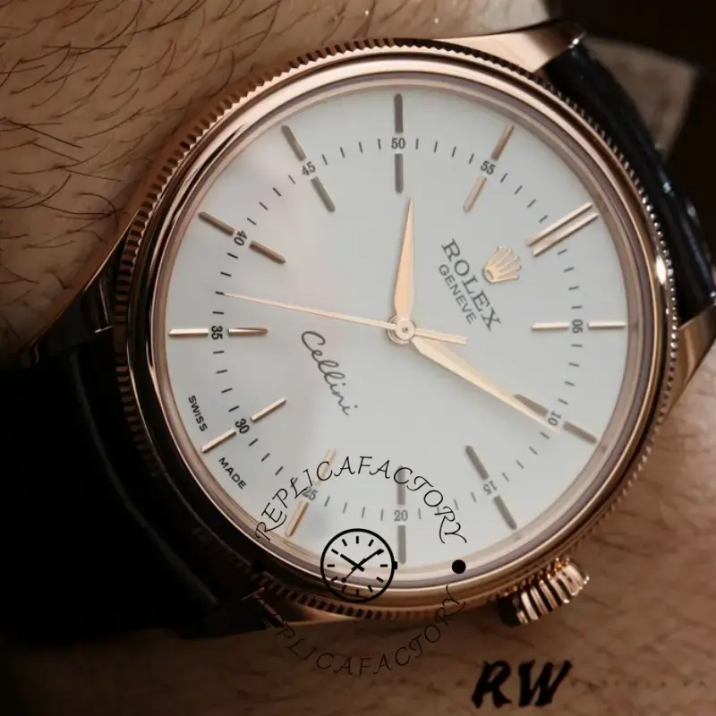 Rolex Cellini Time 50505 close-up, white dial with rose gold markers and hands, front view.