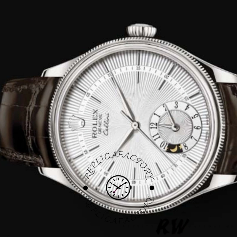 Rolex Cellini Dual Time 50529 Silver Dial Brown Strap 39mm Mens Replica Watch