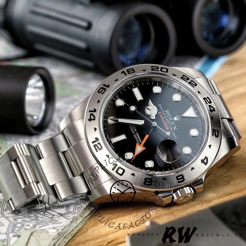 Rolex Explorer II m226570 0002 product shot, black dial with orange GMT hand, bracelet visible.
