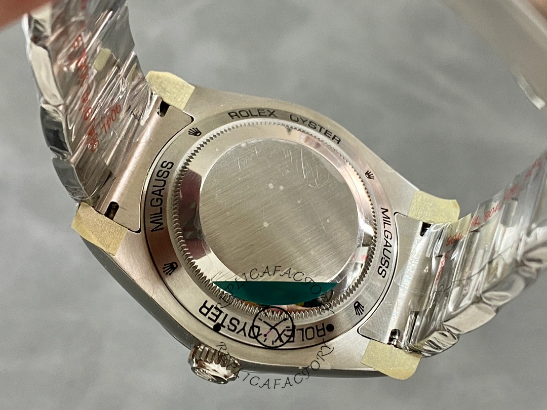Rolex Milgauss 116400GV, caseback view showing solid back and bracelet end links.