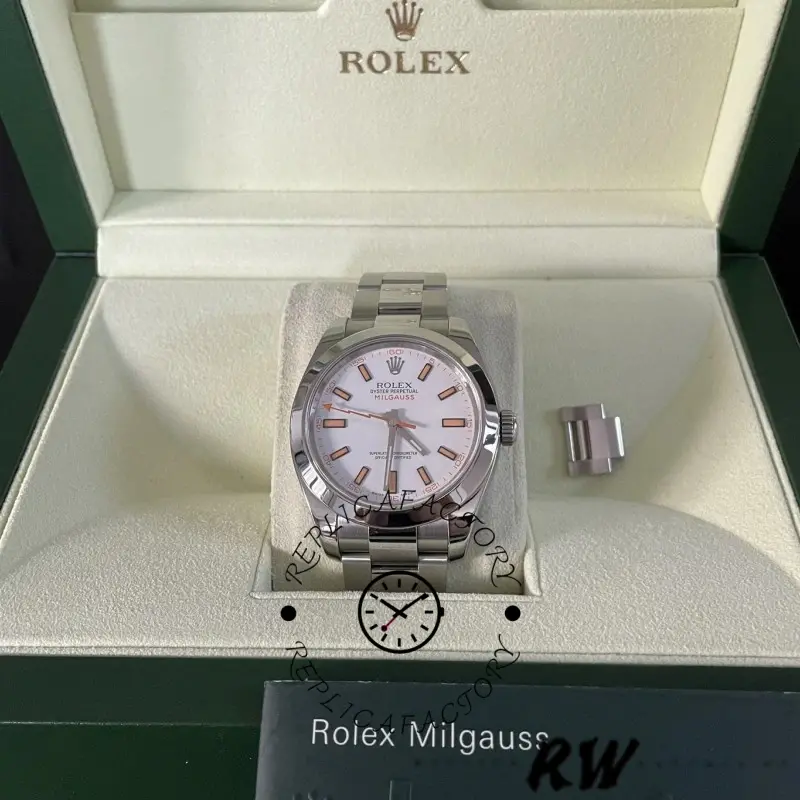 Rolex Milgauss 116400 displayed in Rolex box, white dial watch and packaging shown.