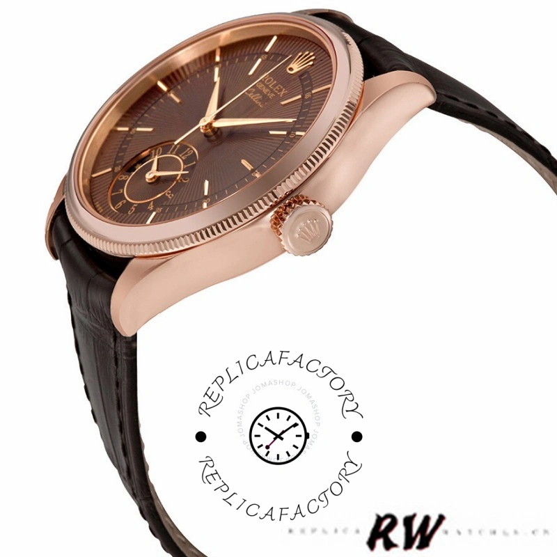 Rolex Cellini Dual Time 50525, side-angled product shot showing rose gold case profile.