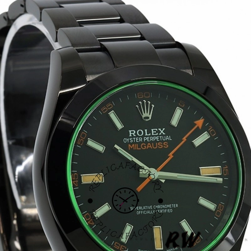 Close-up of Rolex Milgauss 116400GV dial, black dial with green ring and orange lightning seconds hand.
