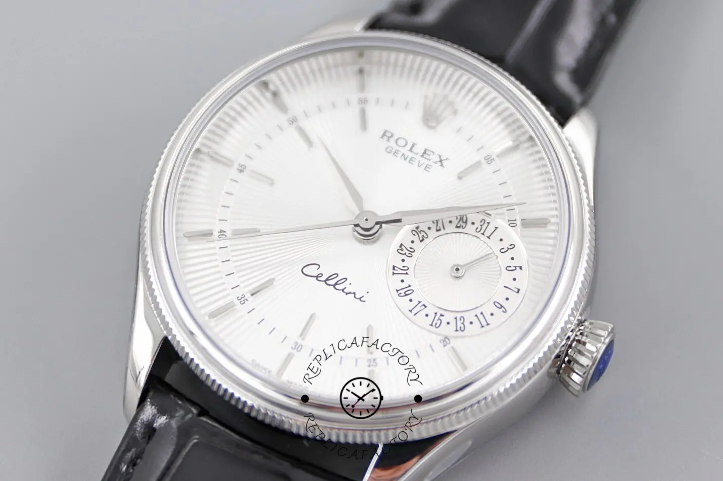 Rolex Cellini Date 50519 Black Leather Silver Dial 39mm Mens Replica Watch
