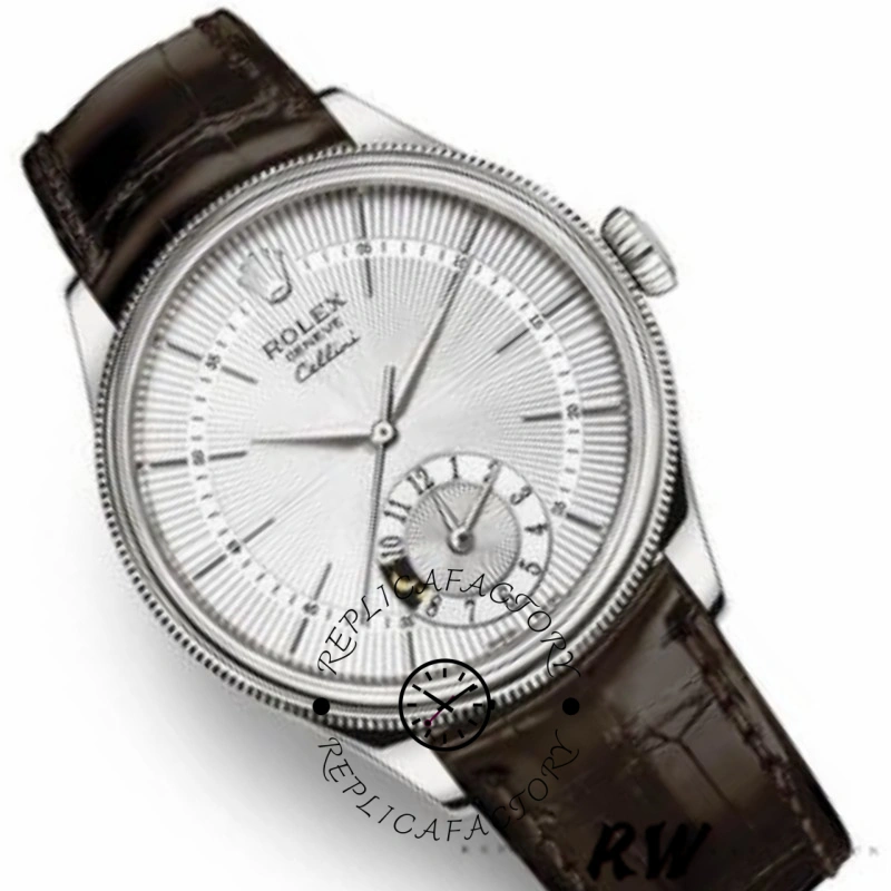 Rolex Cellini Dual Time 50529 Silver Dial Brown Strap 39mm Mens Replica Watch