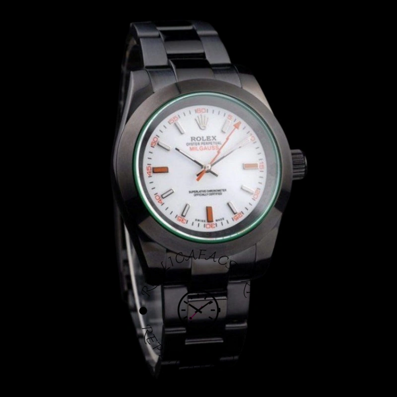 Rolex Milgauss PR116610, white dial and orange seconds hand, black PVD bracelet, angled front view.