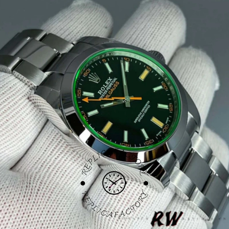 Rolex Milgauss 116400GV, gloved hand shot showing dial color and orange seconds hand.